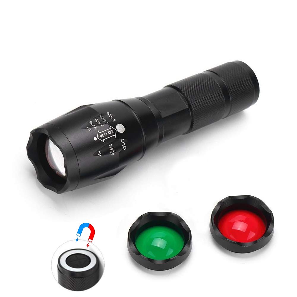 WESLITE Multicoloured Torch with Red Green Filter, 1000 Lumens Red Green White Tactical Torch LED Super Bright Magnet Flashlight with 3 Colors Exchange Glass Lens 5 Modes Zoomable Signal Torches