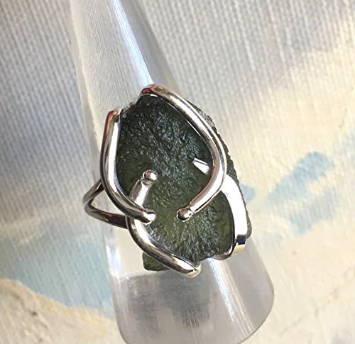 Sz 7.25, Natural CZECH MOLDAVITE Tektite, 925 Sterling Silver Fashion Designer Statement Ring.