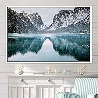 Framed Canvas Wall Art Winter Lake Aerial Dramatic Lake Landscape Multicolor Photography Realism - 16x24 inches