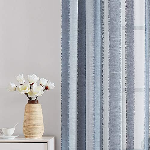 Fragrantex Steel Blue and White Striped Sheer Boho Bohemia Curtains with Eyelash Detailing for Patio 95โInch Long Voile Window Treatment Set for Living Room Draperies 38"W x 95"L 2 Panels,Rod Pocket