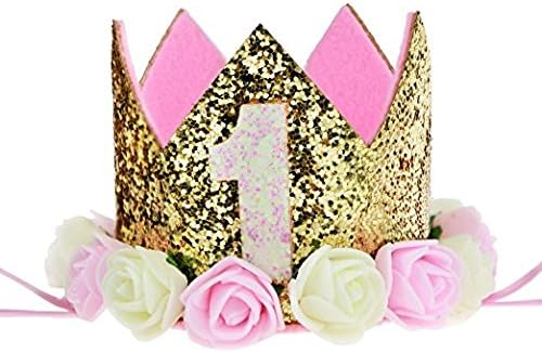 Baby Princess Tiara Crown， Kids First Birthday Hat Sparkle Gold Flower Style (1 style)