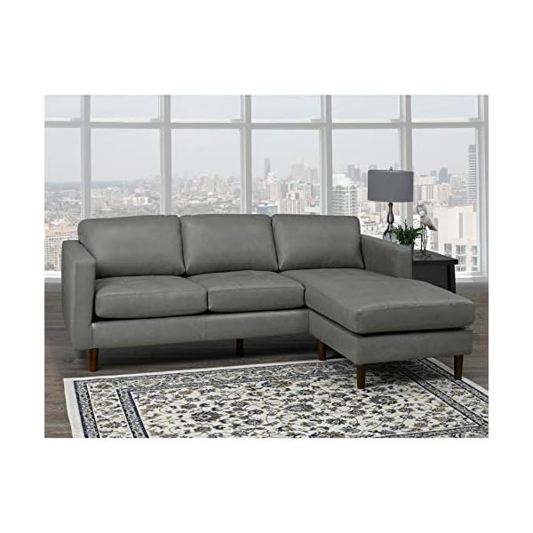 Mid Century Modern Grey Top Grain Leather Tufted Sectional Sofa 88 X