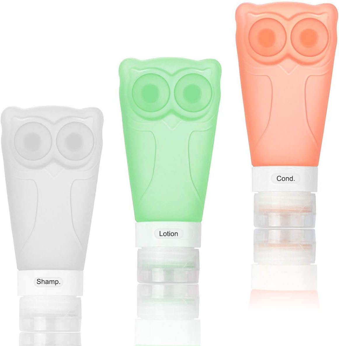 KIDAC Silicone Cute Owl Travel Size Toiletry Bottles Leak Proof Refillable Travel Containers for Toiletries Soap Shampoo (Set of 3 White Green Oange)
