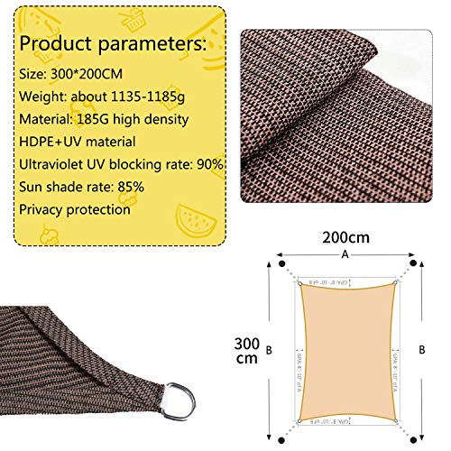 SHONCO Sonnensegel Rechteckig, 2 x 3m Inkl Befestigungsseile, HDPE Wetterbeständig Atmungsaktiv Anti-UV-Markise, für… – Bild 7