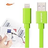 YellowKnife MFi Certified-IOS 7 Noodle Flat 8pin Lightning (3.2ft) Colorful USB Cable Supports Charging And Syncing for iPhone 5 5S 5C,iPad (Air/4th generation),iPad mini,iPod (7th generation),iPod touch (5th generation)&iPod nano(7th generation) With ZEISS Zeiss Pre-Moistened Lens Cloths (Green-T)