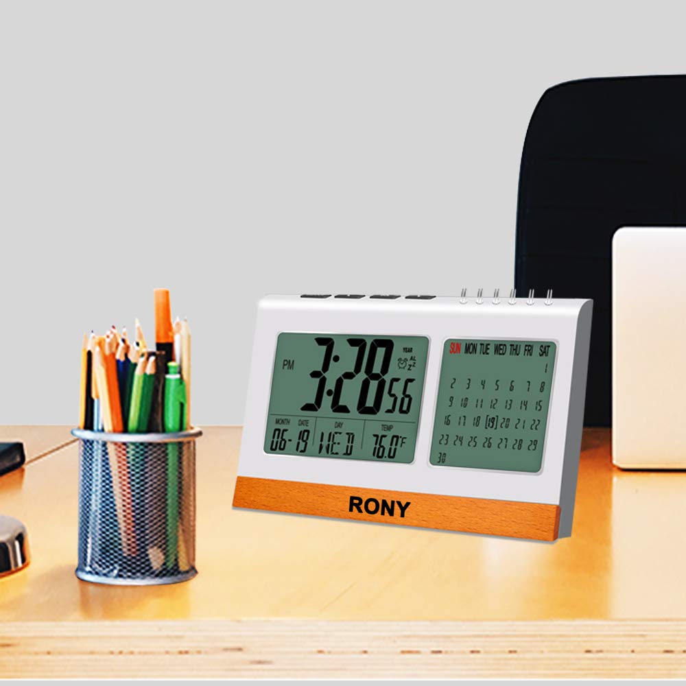Digital Alarm Clock Battery Operated for Heavy Sleeper, Kids, RONY Desk Clock for office with Snooze, Calendar, Temperature Display(℉/℃)