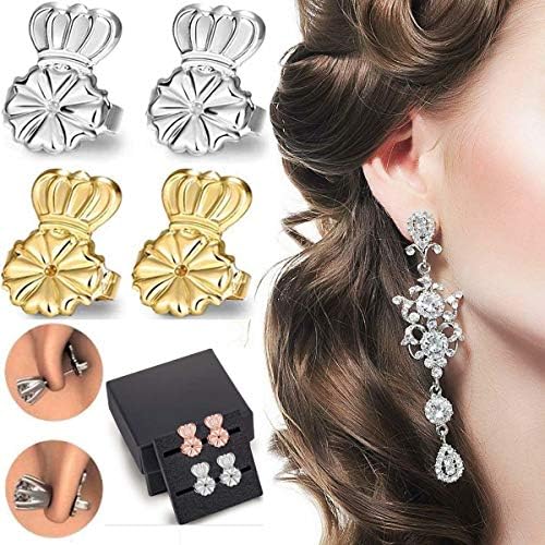 Welen Crown Earring Lifters 2 Pairs of Adjustable Earring Lifts(Pair of Sterling Silver,Pair of 18K Gold Plated)