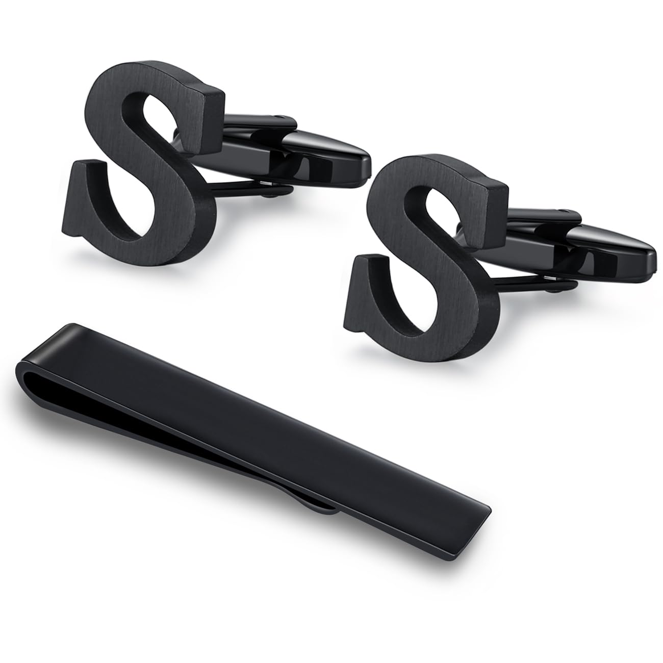 Honey Bear Initial Alphabet Letter Cufflinks Tie Clip Set for Mens - Black Stainless Steel, for Business Wedding Gift A - Z (S)