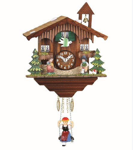 ISDD Kuckulino Black Forest TU 2041 PQ Miniature Clock with Quartz Movement and Cucus Call in Black Jungle House Design Walnut Colour Hand-Painted Flowers Included Battery