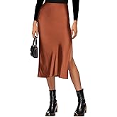 VividHarbor Satin High Waisted Midi Skirt Elastic Waistband Side Slit A Line Wedding Casual Skirts for Women