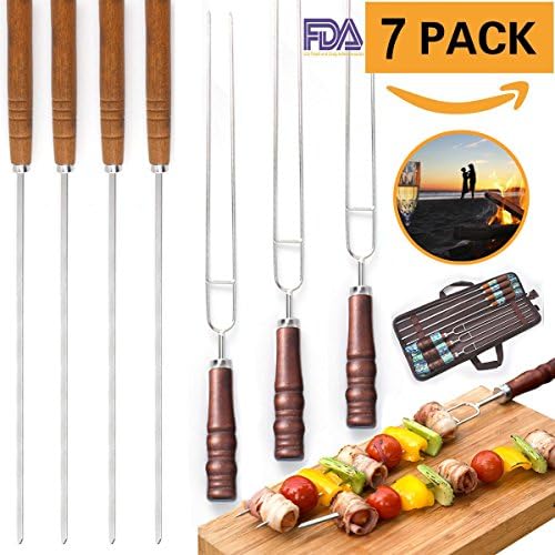 Roasting Sticks Set of 7 16.5" Hot Dog Smores Forks with Wooden Handle - For Camping Campfire Cooking Patio Fire Pit, Campfire, Bonfire &amp; Outdoor Cookware Kit