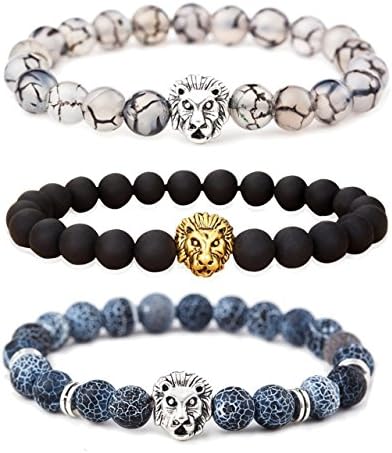 JILIN Jewelry Black Matte Agate Natural Onyx Stone Dragon Veins Agate Mens Womens Bracelets, Alloy Lion Head (Pack of 3)
