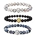 MIKINI Jewelry Black Matte Agate Natural Onyx Stone Dragon Veins Agate Mens Womens Bracelets, Alloy Lion Head (Pack of 3)