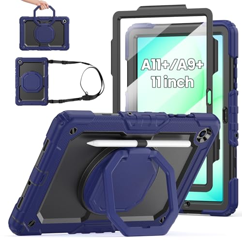 Sanyetral Galaxy Tab A11+ Case, Heavy Duty Case for Samsung Galaxy Tab A11 Plus/A9 Plus 11'' 2025/2023, with Screen Protector, 360 Rotating Stand and Pencil Holder (Black + Navy Blue)