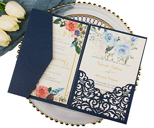 1set 5x7 inch 250gsm Navy Blue Laser Cut Hollow Vine tri fold Pocket Wedding Invitations Cards with Envelopes for Wedding Bridal Shower Invites
