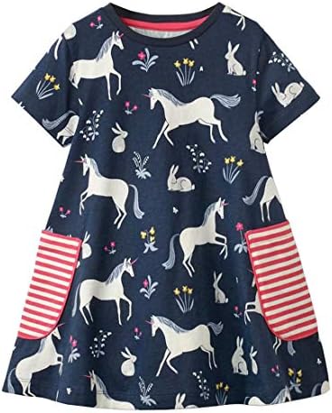 AYOMIS Girl's Cotton Cartoon Short Sleeve Unicorn Casual Dresses