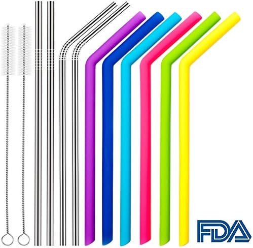Reusable Straws Set 6 PCS Silicone Straws for 30 oz &amp; 20 oz Yeti Tumbler/Rtic Straws - 4PCS 18/10 Stainless Steel Drinking Straws(2 Straight and 2 Bent)/Extra Long Metal Straws - 2PCS Cleaning Brushes