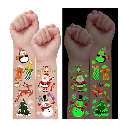 Partywind Glow Christmas Temporary Tattoos for Kids Stocking Stuffers, 145 Styles Luminous Christmas Birthday Party Supplies Favors Decorations, Xmas Holiday Stuff for Boys and Girls (10 Sheets)