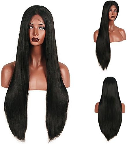 Stylistlee High Density Long Straight Black Wig Synthetic Lace Front Wigs for Woman Glueless With Baby Hair Heat Resistant Fiber Hair Half Hand Tied 26 inches