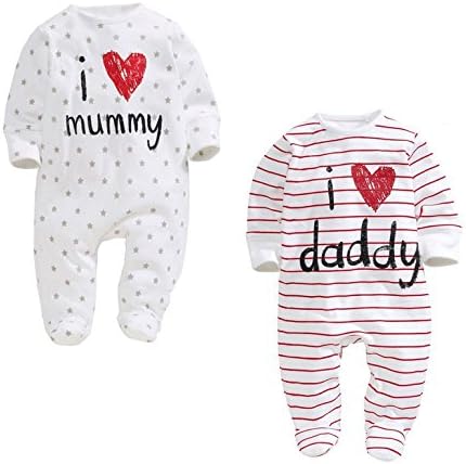 Turbomsun Unisex Baby Boys Girls Newborn Twins Long Sleeve I Love Mummy Daddy 2 Pack bodysuit jumpsuit.