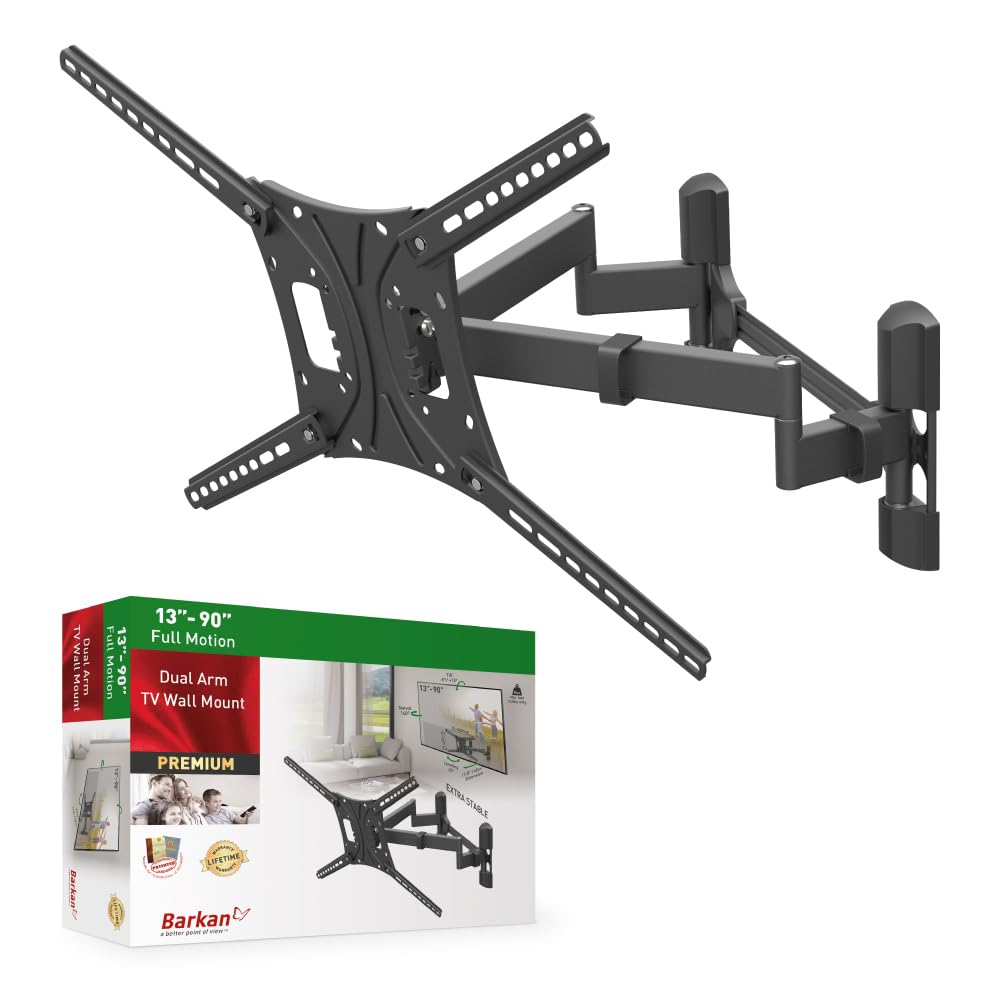 Barkan TV Wall Mount, 13-90 inch Dual Arm Full Motion Articulating - 4 Movement Flat/Curved Screen Bracket, Holds up to 132 lbs, Extra Stable, Lifetime Limited Warranty, Fits LED OLED LCD