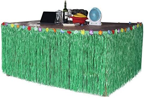 Sc0nni Hawaiian Luau Hibiscus Green & Colorful Silk Faux Flowers Table Hula Grass Skirt for Party Decoration, Events, Birthdays, Celebration, 9' x 29"