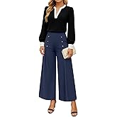 YSYOKOW Womens Elastic High Waisted Wide Leg Pants Loose Casual Long Palazzo Trousers with Button Decor and Pockets
