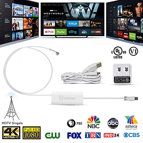 ANTOP Smartpass Amplifier TV Signal Booster with High Gain & Low Noise & Built-in 4G LTE Filter -3ft and 0.3ft Coaxial Cables, USB Power Adapter and 5ft USB Cable, White Color, Pack of 1 Unit