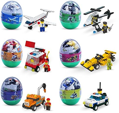Iwalouges 6 Pack Easter Eggs Filled With Building Brick Blocks Toys Airplane, Police Car, Fire Truck, Helicopter, Race Car &amp; Construction Car Building Kit