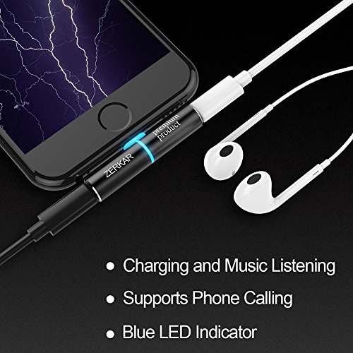 ZERKAR iPhone 7 Adapter & Splitter, 2 in 1 Dual Lightning Headphone Audio & Charge Adapter for iPhone 7 / 7 Plus, iPhone 8 / 8 Plus, iPhone X (Black)