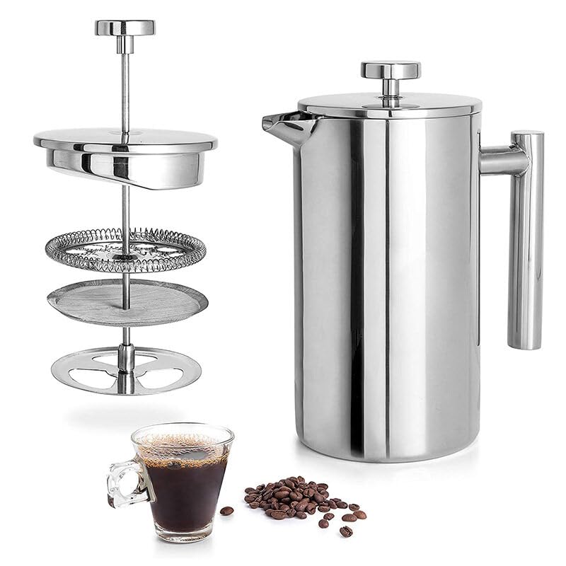 FUOBECIE Cafetiere, 2 Cup Stainless Steel French Press Coffee Maker, 350ml/11.8oz Coffee Press with 3 Level Filtration System, Double Walled Insulated Stainless Steel Cafetiere with Plunger
