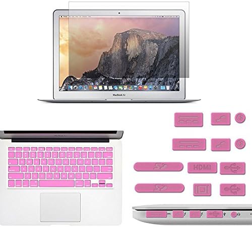 GOUP Protect Set for Apple MacBook Air 13 Inch, Set of Waterproof Keyboard Cover + Anti Dust Plugs + High Quaity Anti-Scratch High-Definition Laptop Screen Protector, Pink
