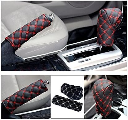 Car Auto Automatic Decoration Gear Shift Handbrake Hand Brake Cover Grid Pu Cover Set (Red)