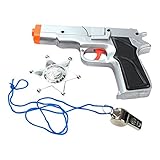 Imprints Plus 3-Piece Toy 45 Silver Pistol Bundle Includes 1 Police Style Silver Revolver with Black Handle Cap Gun with 1 Whistle and 1 Chrome Finished Badge for Dress-Up-Costume Accessories (G7)