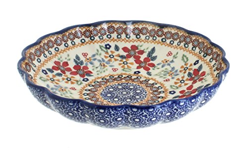 Blue Rose Polish Pottery Red Daisy Medium Scallop Bowl