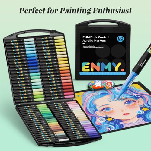 ENMY 80 Colors Acrylic Paint Markers, Direct Liquid Acrylic Paint Marker Pen, Fabric Markers for Textile, Canvas, Rock, Glass, Wood, Paper, DIY, Acrylic Coloring Pens for DIY Craft Supplies