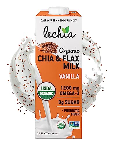LECHIA 32OZ NON-DAIRY MILK, CHIA FLAX MILK VANILLA NO SUGAR ADDED , USDA ORGANIC, NON-GMO – FIBER, CALCIUM, OMEGA-3 – SHELF STABLE, FREE OF NUTS, SOY, GLUTEN, LACTOSE, CARRAGEENAN.