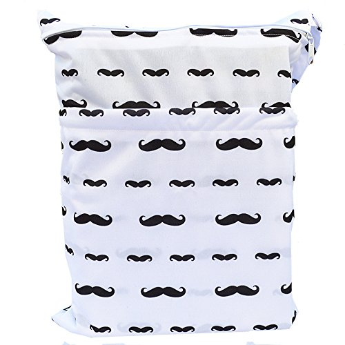 Sigzagor Medium Wet Dry Bag Baby Cloth Diaper Nappy Insert Bag Reusable Washable With Two Zippered Pockets (Mustache)