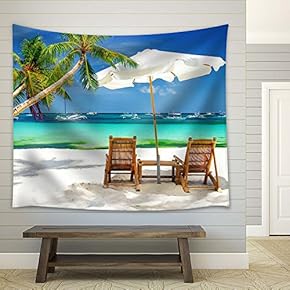 Palm Tree on Tropical Beach with Beach Chairs - Fabric Tapestry, Home Decor - 51x60 inches