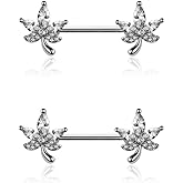 Pierced Owl 14GA 316L Stainless Steel CZ Crystal Maple Leaf Ends Nipple Barbells, Sold as a Pair