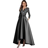 KJHUTAY Satin Hi-Low Mother of The Bride Dresses for Women Sparkly Sequin Formal Evening Dress with Sleeve