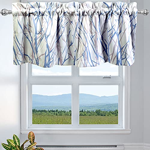INICEKEY Blue and Gray Kitchen Curtain Valance for Small Window, Rod