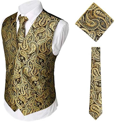 Funic 3Pcs Men's Party Wedding Waistcoat Vest Gold Print Pocket Square Tie Suit Set Wedding Groom Vest &Tie &Squre Scarf