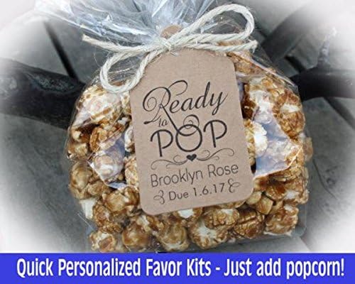 Baby Shower READY to POP Favor Tag Kits | 20 DIY Kits include Personalized Tags, Bags &amp; Ties (Popcorn NOT included) - Available in 3 tag colors/20 tie choices