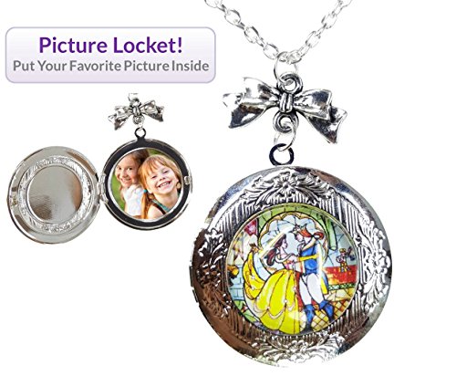 Beauty and the Beast Disney Bow Necklace with Locket for Picture - Makes the Perfect Gift For Girls Costume, Accessories, Performance, Dress up, Birthday Party Props