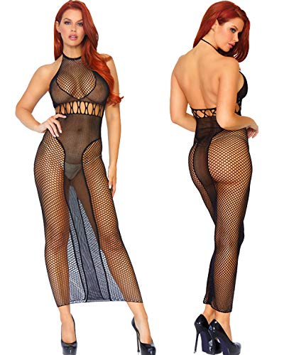 Leg Avenue Halter Duel net Backless Dress, Black, One Size, 88019 00122
