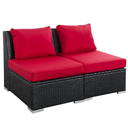 2 PCS Outdoor Patio Furniture Set Red Modern Rattan Wicker Sofa with