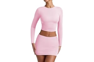 YFANG Women's Sexy Two Pieces Pencil Mini Skirt Set Long Sleeve Crew Neck Crop Top Short Bodycon Skirt Outfits