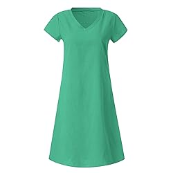 Women's Summer Cotton Linen Dress Loose V-Neck