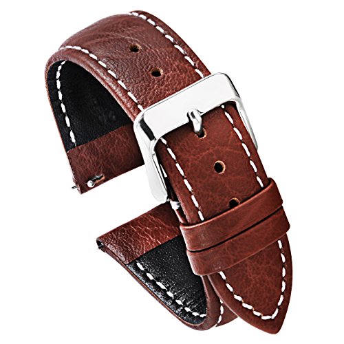 PBCODE Watch Strap 20mm Quick Release Leather Watch Strap Replacement Watch Bands for Men for Watches and Smartwatches – Brown White Stitching Soft